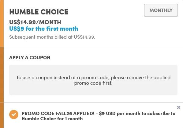 Humble Choiceの購入画面でプロモーションコード『FALL26』を適用し、価格が14.99ドルから9ドルに割引された確認画面