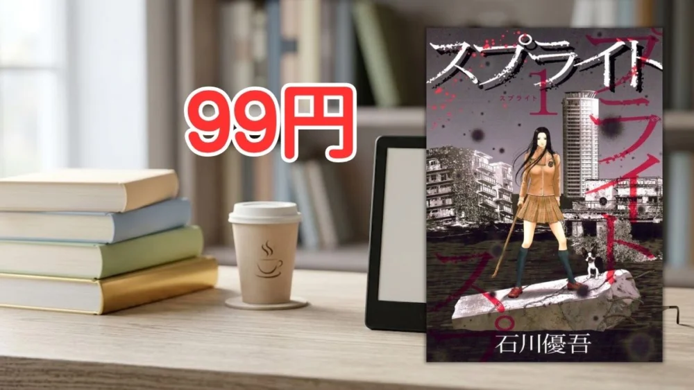 電子書籍端末と漫画『スプライト』第1巻の表紙画像、および『99円』のテキスト案内