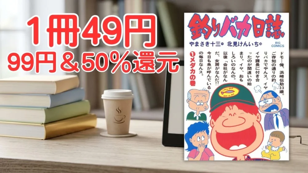 電子書籍端末と漫画『釣りバカ日誌』第1巻の表紙画像、および『1冊49円 99円＆50%還元』のテキスト案内