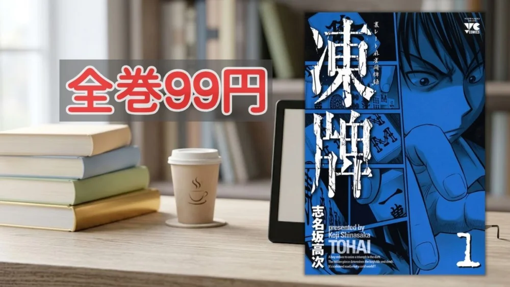 Kindleストア ギャンブルマンガ全巻99円セール案内バナー画像（全巻99円のテキストと凍牌-裏レート麻雀闘牌録- 1巻の書影）